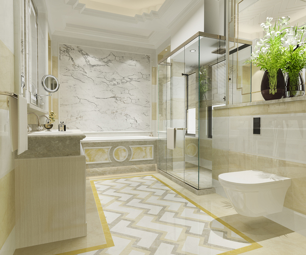 Renovated public restroom featuring modern tile design and wood paneling – block bathroom renovation