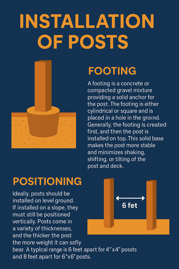Visual guide showing concrete footings and proper spacing for 4x4 and 6x6 posts in deck construction.