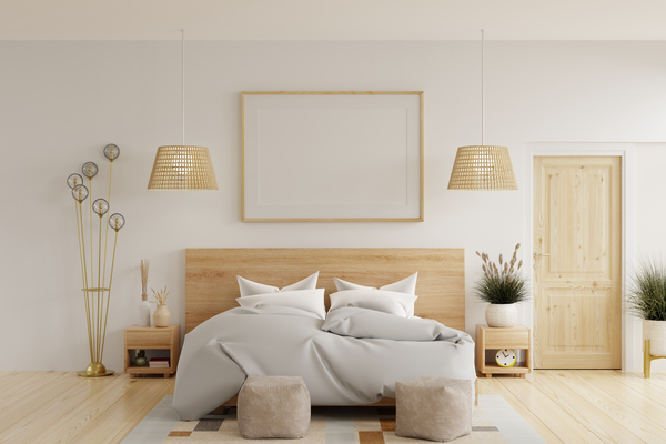 : Warm and natural bedroom design showing full bed size and relaxing bedroom layout ideas