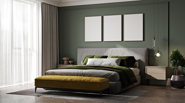 Stylish green-accented bedroom with king mattress size and matching king bedroom set
