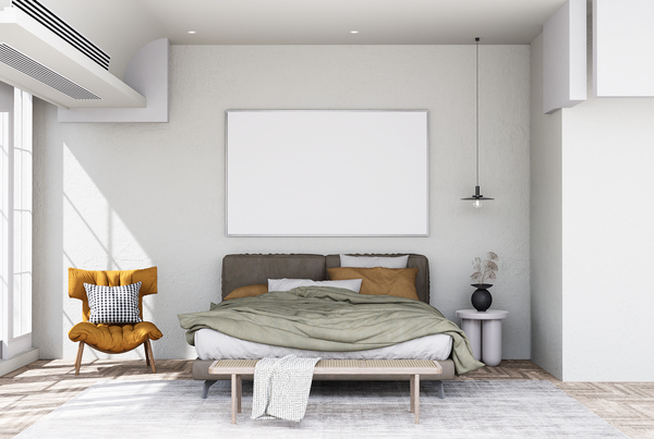 Bright minimalist bedroom layout with queen mattress dimensions and modern furnishing