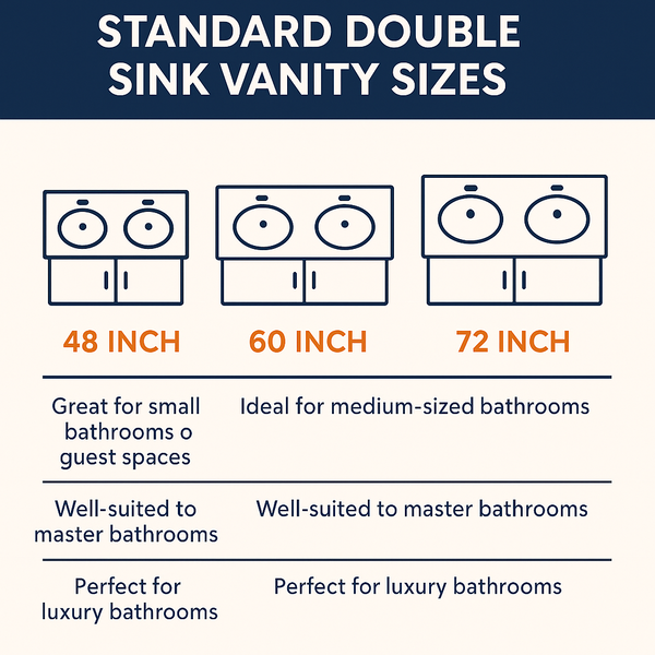 Guide to Standard Double Sink Vanity Sizes Bathroom remodeling chart showing 48 inch, 60 inch, and 72 inch double sink vanity sizes suitable for all types of bathrooms