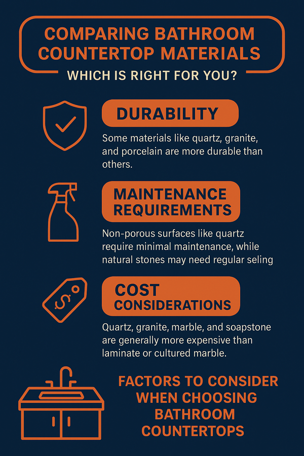 Infographic comparing bathroom countertop materials based on durability, maintenance, and cost — highlighting quartz, granite, and porcelain for bathroom remodeling on the level.