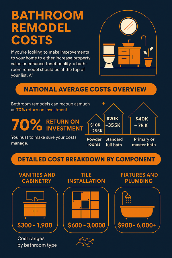 Infographic showing cost ranges for fixtures, tiles, and cabinetry – bathroom remodel average cost 2023