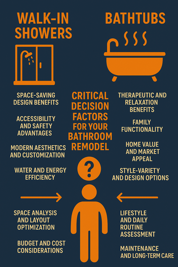 Creative infographic comparing bathrooms ideas design options between showers and bathtubs for remodeling decisions