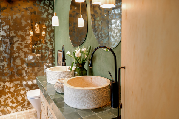 rustic bathroom remodeling on the level with quartz solid surfaces