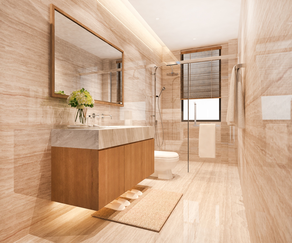 Modern marble bathroom design with floating vanity and shower panel, inspired by floor and decor bathroom tile trends.