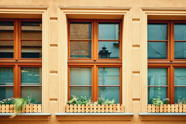 Vintage building facade with brown-framed glass block windows and flower planters