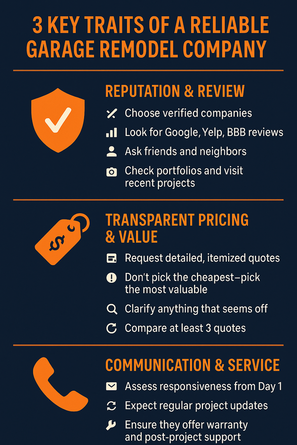 Infographic listing reputation, transparent pricing, and communication as key traits of a reliable garage remodel company with icons and bullet points.