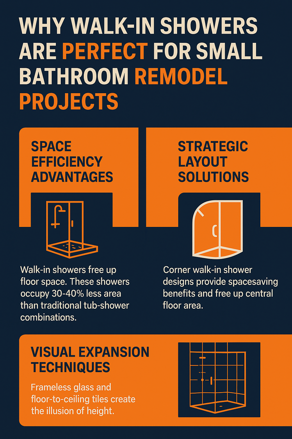 Infographic explaining walk-in shower advantages for modern small bathroom ideas 2023 and bathroom remodel solutions