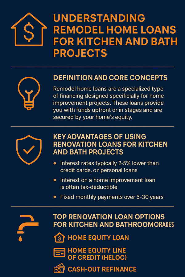 Infographic explaining remodel loan options for kitchens and bathrooms with current mortgage rates home equity line of credit details.