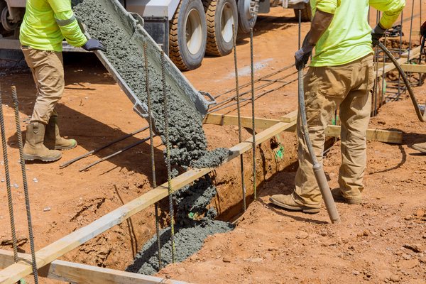 Pouring concrete foundation for storm drainage and retaining wall