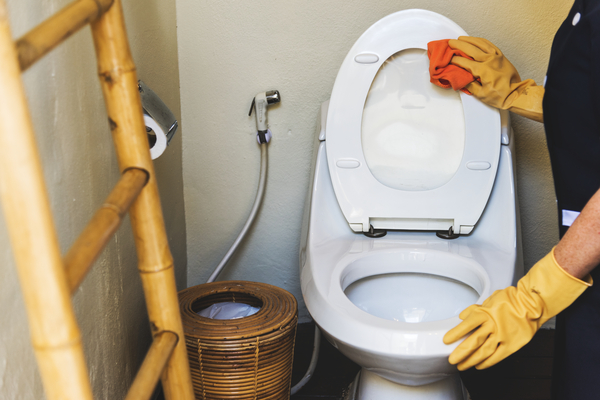 Cleaning a modern toilet during installation in Walker County