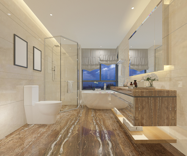 Elegant bathroom with a travertine tile floor, showcasing a large tub and modern fixtures – travertine tile cost calculator